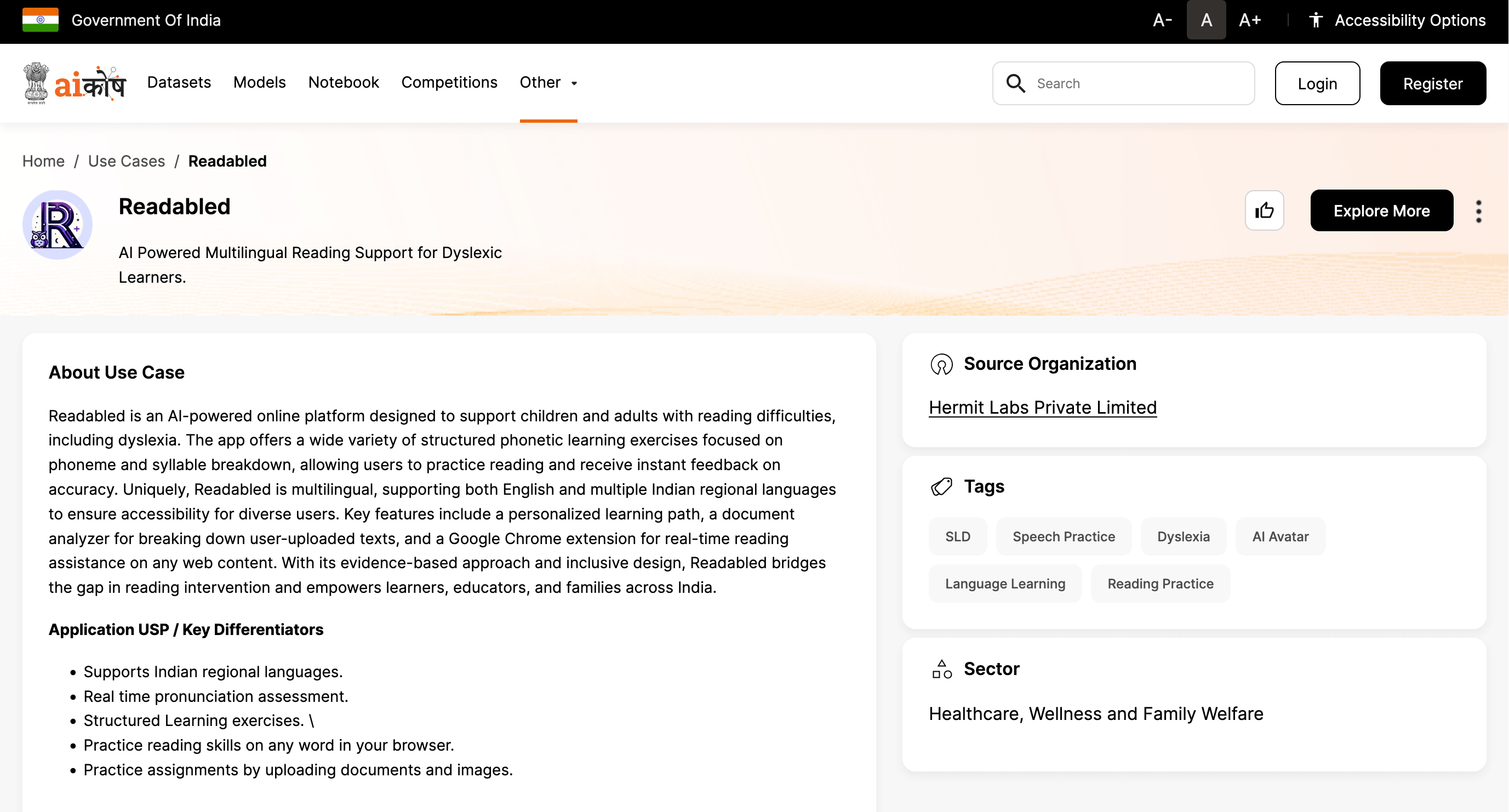 readabled featured as an official use-case on the AIKosh platform